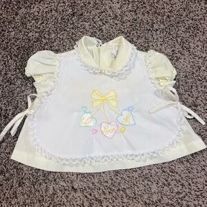 Vintage 90s Girls Yellow & White Top with Attached Lace Embroidered Design